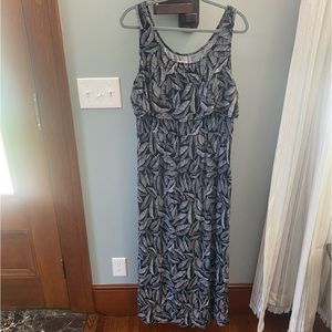 MERONA PALM PRINT CHALLIS FLOUNCE MAXI DRESS BLACK & WHITE LEAF- SZ XL